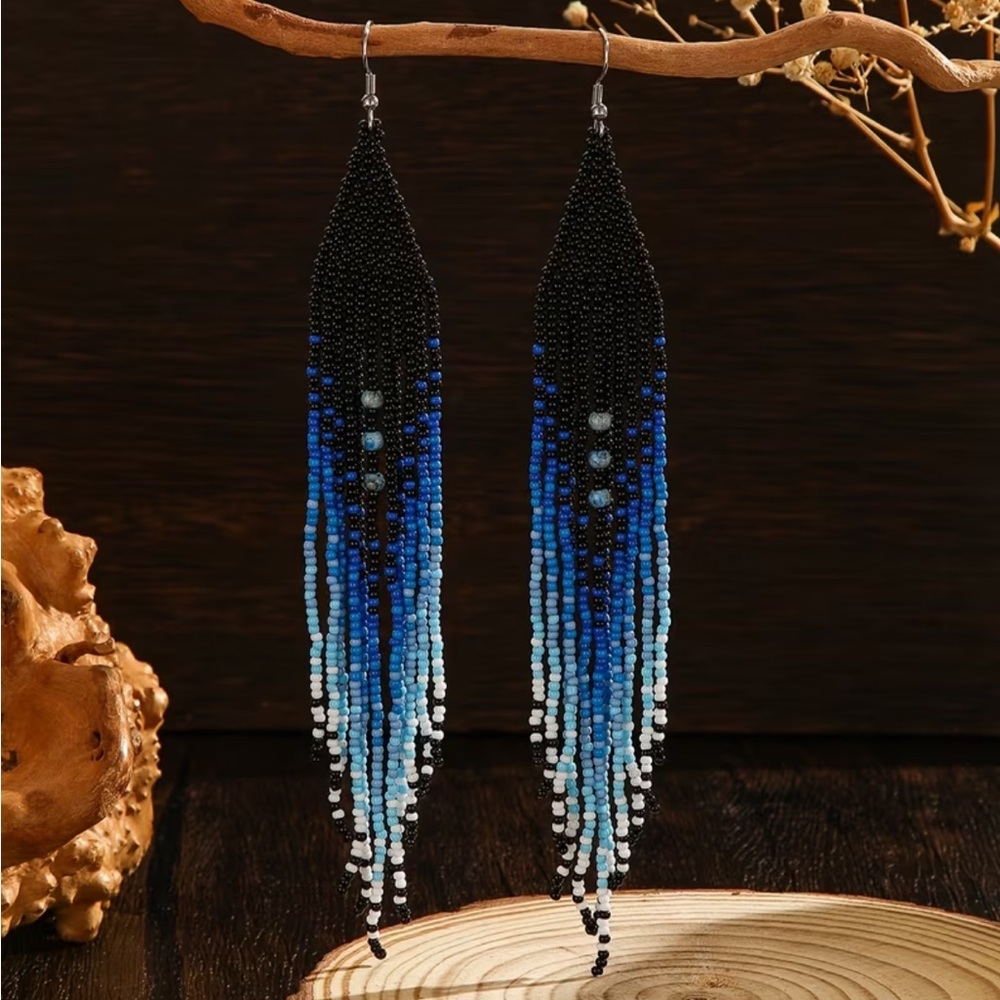 Boho Ombre Glass Seed Bead Fringe Earrings Blue Black Long Dangle